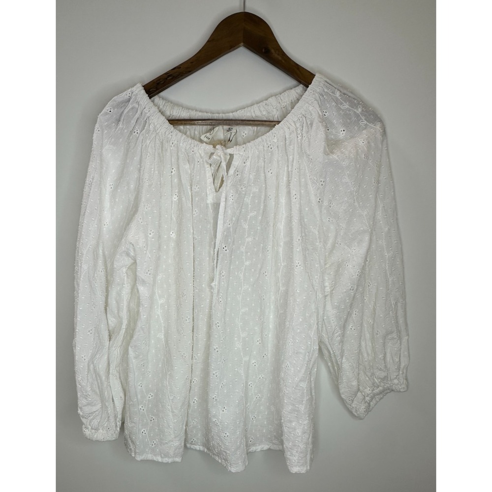 New Joie White Eyelet Cotton Blouse Size Large Top Boho Peasant Cottagecore - Picture 11 of 11